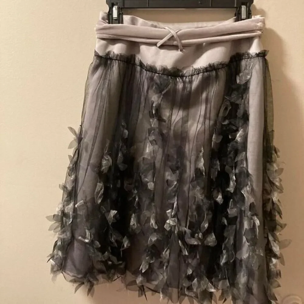 Vintage Silk Skirt Whimsy Goth Lace Overlay Velvet Belt 4 Beverly & Monica Gray‎